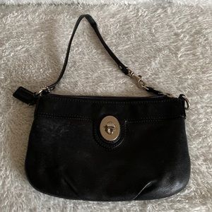 Coach Leather Oversized Wristlet- Black Leather with Blue Satin Liner.